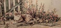Close-up of cat and flower scene from print