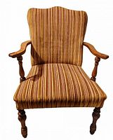Front view showing striped velvet upholstery, wood arms and legs