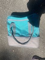 Teal and gray carry bag shown closed, placed on pavement, includes main compartment and bottom zippered section.