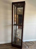 Full view of the tall narrow wood curio cabinet with glass panels on all sides and a glass door. Cabinet is standing upright against a white wall, interior light visible at top.