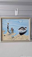 Framed oil on board painting showing two boys on shoreline with a rowboat and seagulls, signed H. Pate.