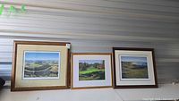 Three wood framed golf course prints displayed side by side against a metal wall. Two prints are larger and signed by William Frandison, one print is smaller with a different frame.