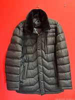 Full front view of the Alberto Gianni black puffy winter coat with fur collar hanging on a red background wall.