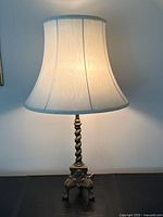 Full view of lamp illuminated, showing overall design, shade shape, and height proportion