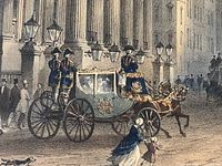 Close-up photo emphasizing the carriage, horse, and pedestrians in the hand coloured engraving.