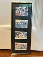 Framed vertical collection of four Japanese woodblock prints showing traditional scenes including samurai, water, sumo, and group activity.