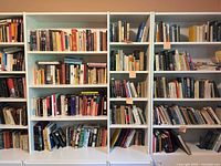 Wide view of multiple filled white bookshelves showcasing a dense collection of books of varying sizes and colors, mostly hardcover and paperback.