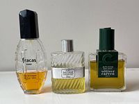 Overview of three bottles – Fracas, Dior Eau Sauvage, Vetiver Carven