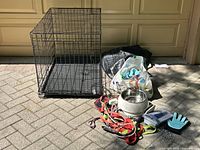 Metal collapsible dog crate with removable plastic tray at bottom with adjacent dog accessories including bowls, leashes and grooming supplies.