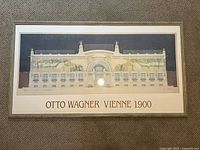 Full view of the framed Otto Wagner Vienne 1900 architectural print on carpeted floor.