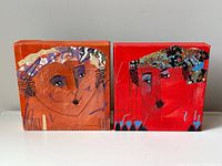 Two square abstract mixed media canvases side by side against gray background.