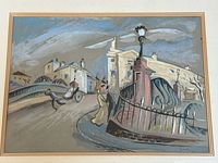 Closeup of full painting showing European street scene under mat and frame