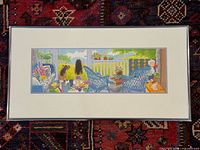 Framed panoramic watercolour and ink illustration showing porch scene with children, dog, and potted flowers.