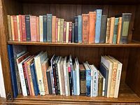 Full view of two shelves filled with vintage and antique hardcover books, showing different colors and sizes targeting topics like art and travel.