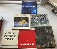 Seven vintage Canadian art books arranged on a surface showing covers and titles: Luminato, Ken Danby by Paul Duval, David Milne Watercolours, Collins Pachter Tinkl, 14 Canadians, From the Forest to the Sea.
