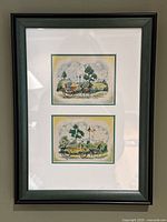 Framed pair of lithographic prints of miniature watercolor horse carriage scenes