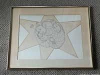 Framed abstract pencil drawing with four crowned figures intertwined inside a painted star with cutouts, showing overall condition and frame.