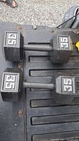 Top view of both 35-lb hex dumbbells on truck bed