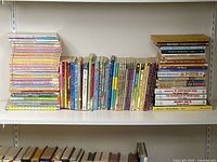 Full view of three groups of children’s paperback books on shelf