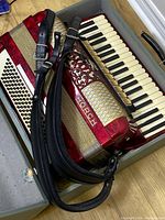 Accordion inside open case showing keyboard, grille, straps