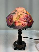 Lamp illuminated showing shade decoration and base