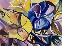 Close view of painting showing signature and floral imagery