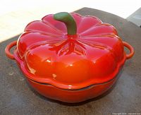 Angle showing full Dutch oven with lid on