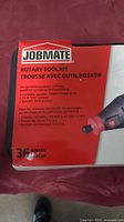 Photo of Jobmate rotary tool kit box front showing brand, item type, and key features