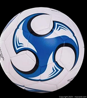 White soccer ball with blue and black swirled design, size 5 printed on surface.