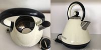 Top and side view of vintage BLACK+DECKER cordless electric kettle, showing cream stainless steel body, black handle, lid removed, and base with power cord.