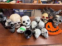 assorted skull-themed Halloween items arranged on table