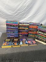 Front view of all paperback stacks showing variety of Star Trek titles