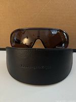 Front view of sunglasses in black leather case showing brown lens and Ermenegildo Zegna logo