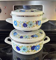 Both enamelware pots stacked showing floral pattern and handles
