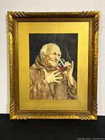 Full front view of framed watercolour painting depicting elderly man with a glass in his hand.