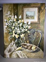 Full view of Donald Campbell still life painting showing flower bouquet in glass vase, carved chair, and framed landscape in background.