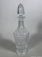 Full view of the Waterford Glenmore crystal decanter with stopper in place, showing the overall shape and elegant cut pattern.