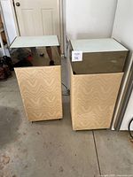 Front view of both speakers in custom cabinets with lot tag visible