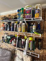 Shelves holding partial containers of various household and automotive chemicals including pest control sprays and lubricants.