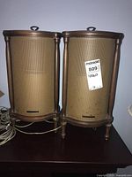 Front view of two vintage Dominion Electrohome speakers with perforated metal grills and wooden frames showing wear and spots. Electrical cords visible.