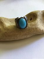 Front view of silver ring with robin's egg cabochon on driftwood prop