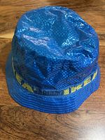 Top and side view of blue IKEA bucket hat