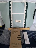 Photo showing the large fabric lined cooler bag with visible labels and packaging for the beehive ice trays along with a wooden ruler for size reference.