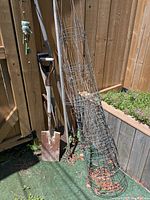 Photo showing multiple metal tomato/plant cages leaning against a fence next to garden tools including a shovel and digging fork.