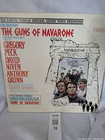 Cover of the vinyl album showing title, cast, and artwork related to The Guns of Navarone movie soundtrack.