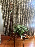 Full view of coat rack, tray table with live plant arranged on top, set against curtain background and hardwood floor.