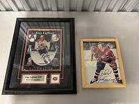 Black framed memorabilia with multiple photos of Guy Lafleur, stats, trophies, and autograph.
