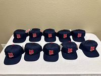 All ten navy Minnesota Twins youth caps laid out