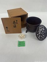 Incense burner with lid, ceramic insert and wooden box