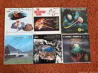 Six LP jackets: My Fair Lady, Big Guitar Sound, Fastest Guitar, Jimmy Shand Dance Party, Lure of the Blue Mediterranean, Living Stereo Hello World